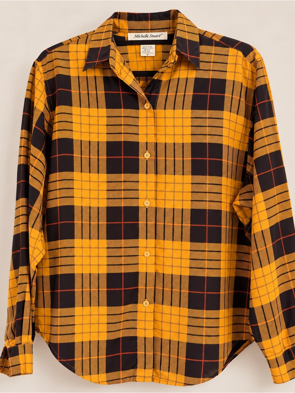 Vintage Michelle Stuart Yellow Black Plaid Satin Blouse Size 12 Punk Prep